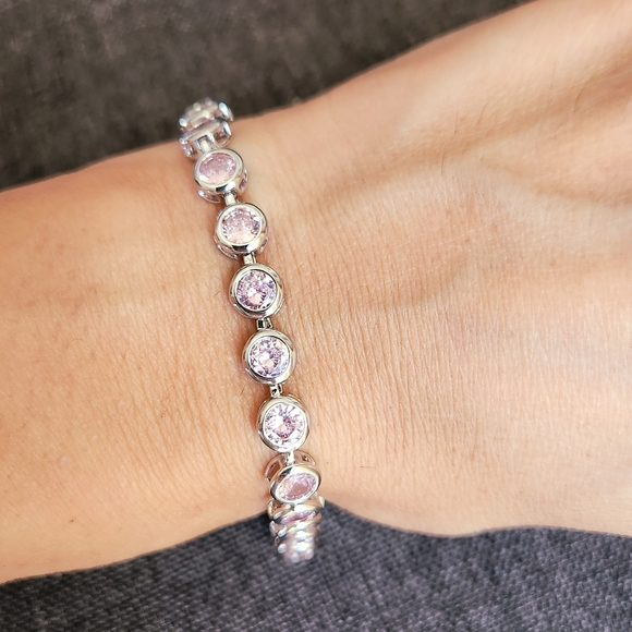 New 925 Silver Round Cut Pink Sapphire Bezel Setting Bracelet Women Extender - Picture 9 of 10